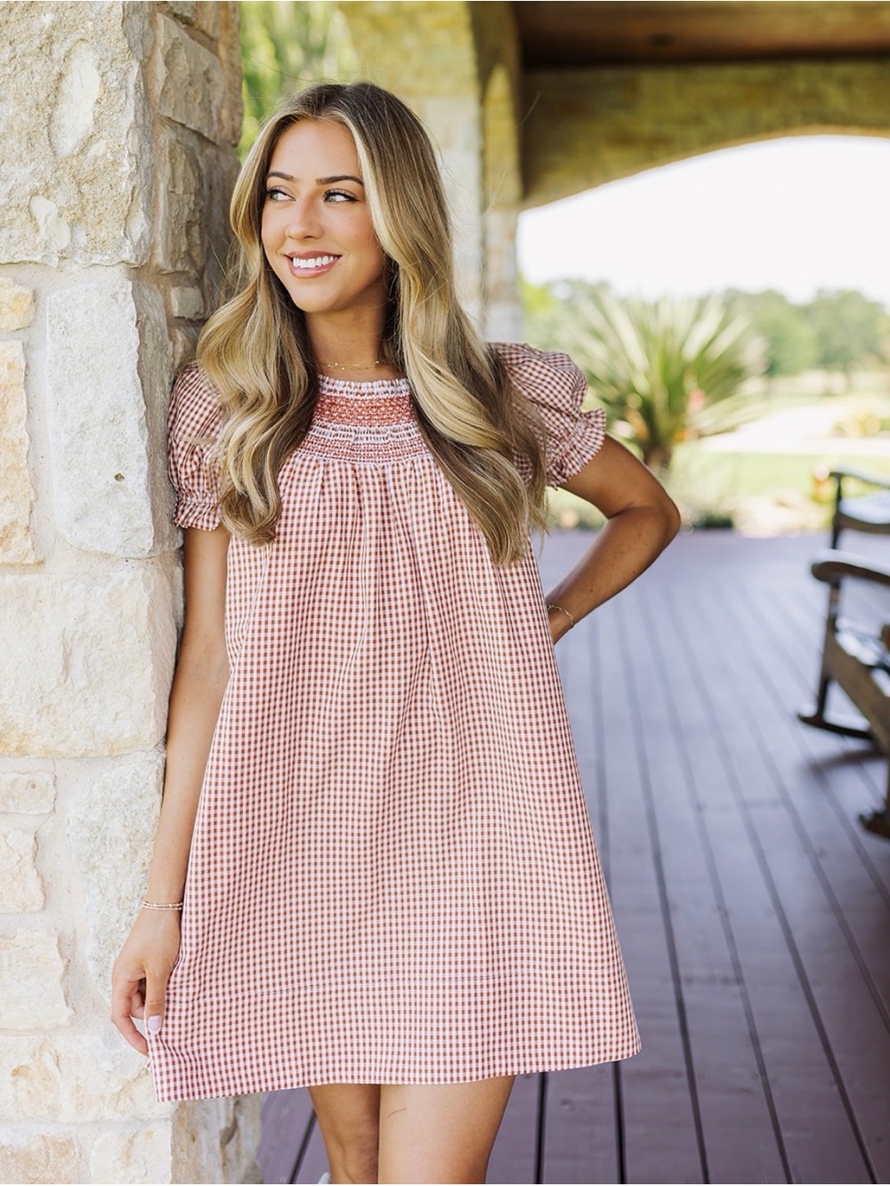 NWT J Marie Logan Gingham Smocked Puff Sleeve Mini Dress Burnt Orange S - Picture 1 of 10